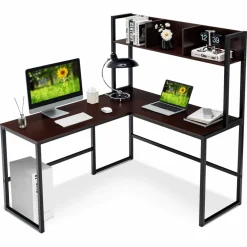 Tangkula Reversible L-Shaped Desk with Hutch, Space Saving Corner Computer Desk with Storage Bookshelf