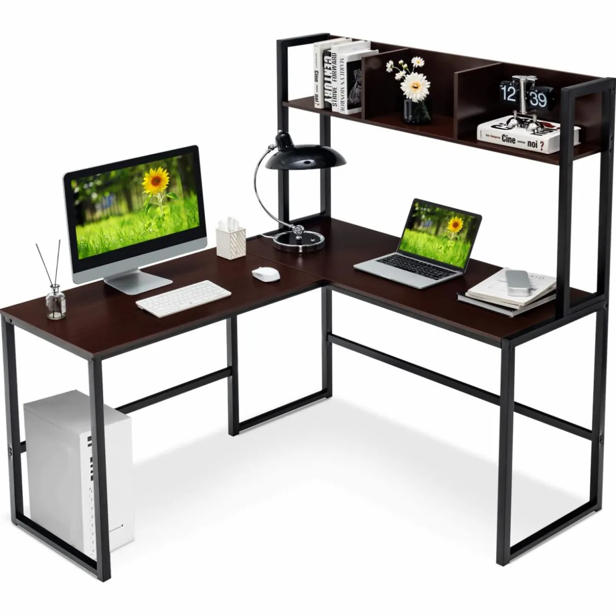 Tangkula Reversible L-Shaped Desk with Hutch, Space Saving Corner Computer Desk with Storage Bookshelf