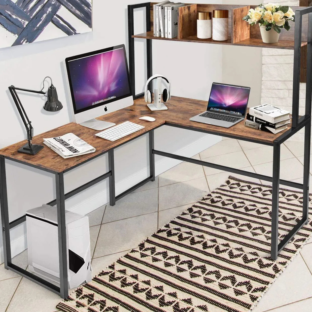 Tangkula Reversible L-Shaped Desk with Hutch, Space Saving Corner Computer Desk with Storage Bookshelf
