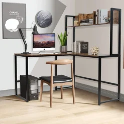 Tangkula Reversible L-Shaped Desk with Hutch, Space Saving Corner Computer Desk with Storage Bookshelf