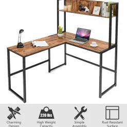 Tangkula Reversible L-Shaped Desk with Hutch, Space Saving Corner Computer Desk with Storage Bookshelf