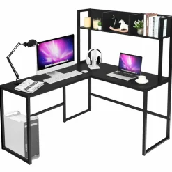 Tangkula Reversible L-Shaped Desk with Hutch, Space Saving Corner Computer Desk with Storage Bookshelf