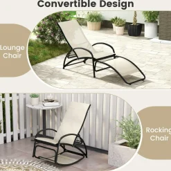Tangkula Rocking Chair Outdoor, 2-in-1 Convertible Lounge Chair with 4-Level Adjustable Backrest