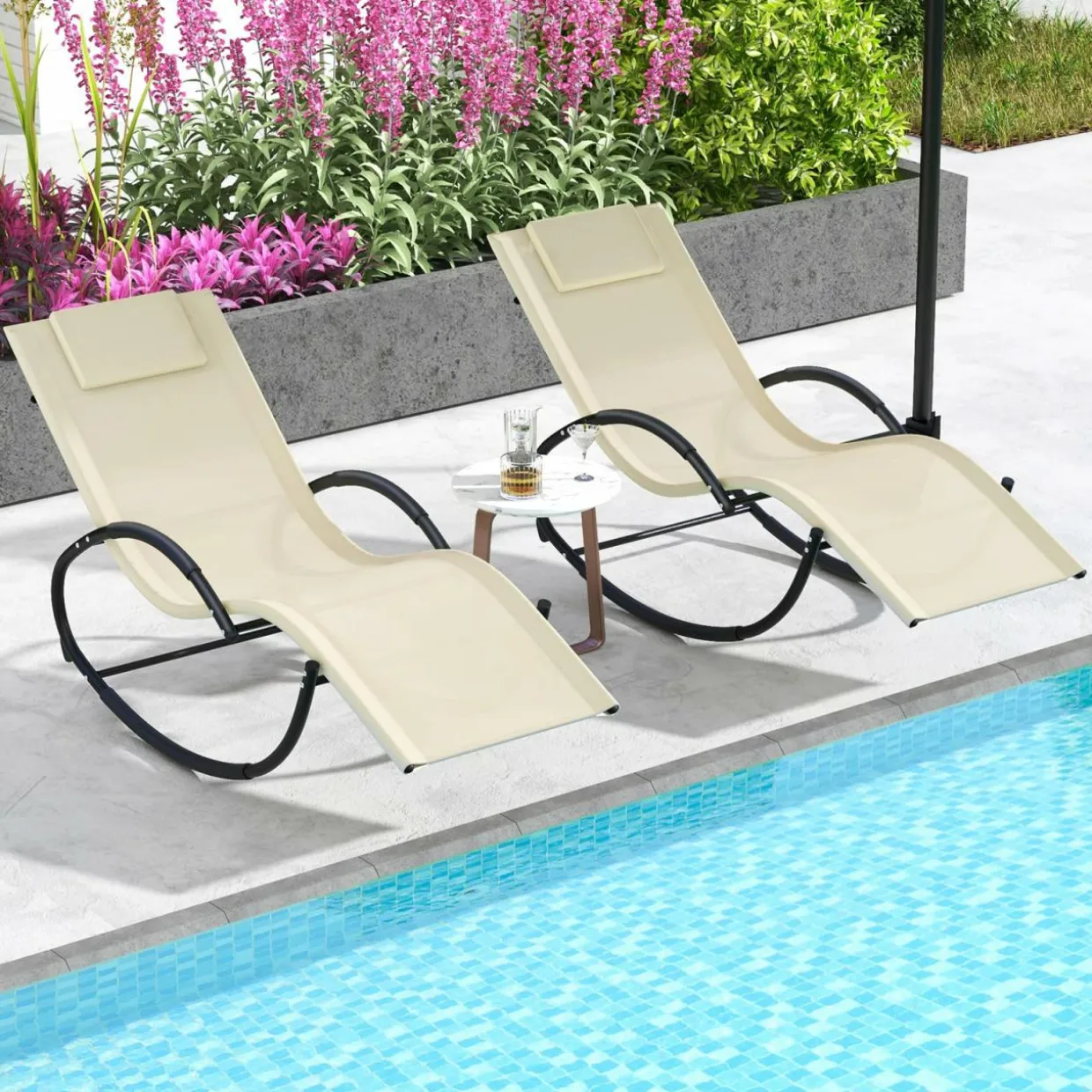 Tangkula Rocking Lounge Chair Outdoor, Zero Gravity Chaise Lounger with Removable Headrest, Fabric Backrest & Seat