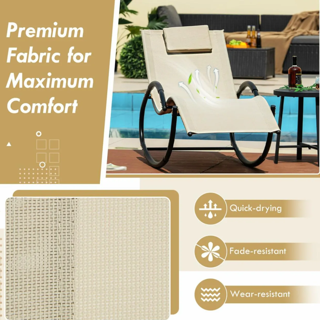 Tangkula Rocking Lounge Chair Outdoor, Zero Gravity Chaise Lounger with Removable Headrest, Fabric Backrest & Seat