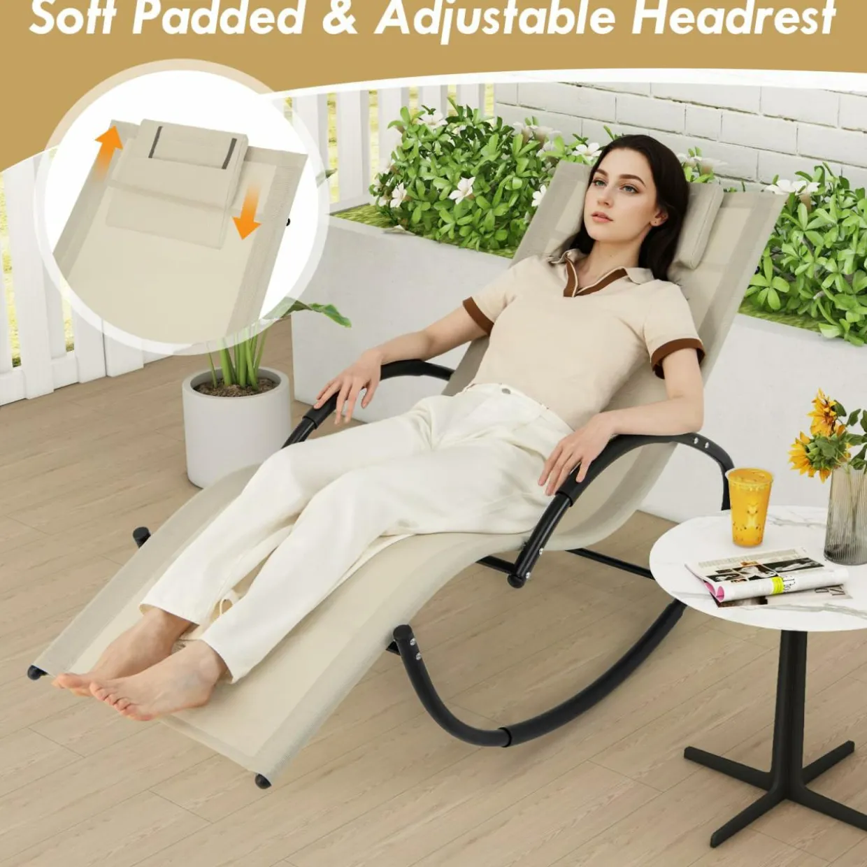Tangkula Rocking Lounge Chair Outdoor, Zero Gravity Chaise Lounger with Removable Headrest, Fabric Backrest & Seat