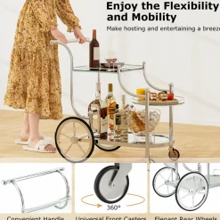 Tangkula Rolling Bar Cart, Metal Serving Cart with Tempered Glass, 3-Tier Glass Bar and Serving Cart