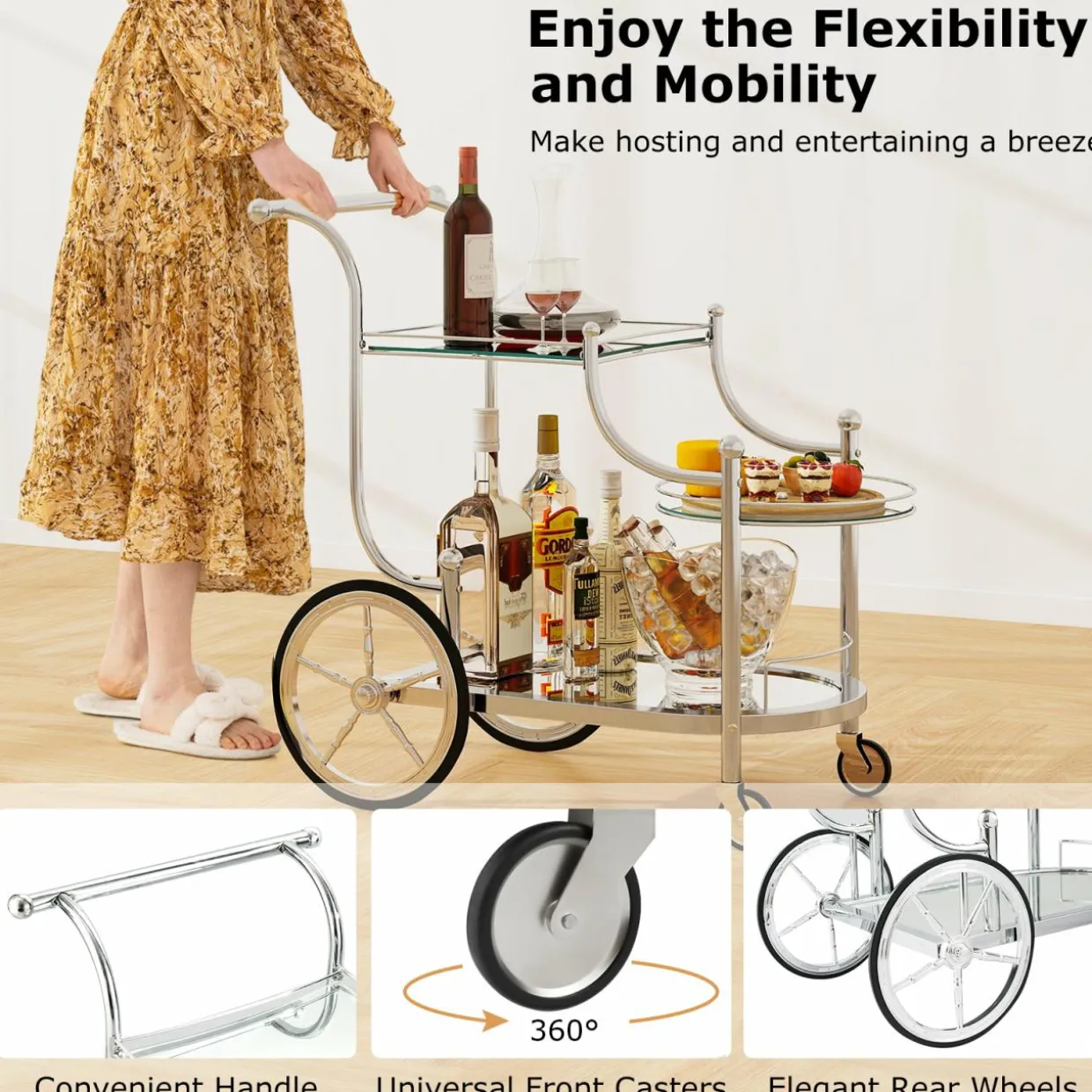 Tangkula Rolling Bar Cart, Metal Serving Cart with Tempered Glass, 3-Tier Glass Bar and Serving Cart