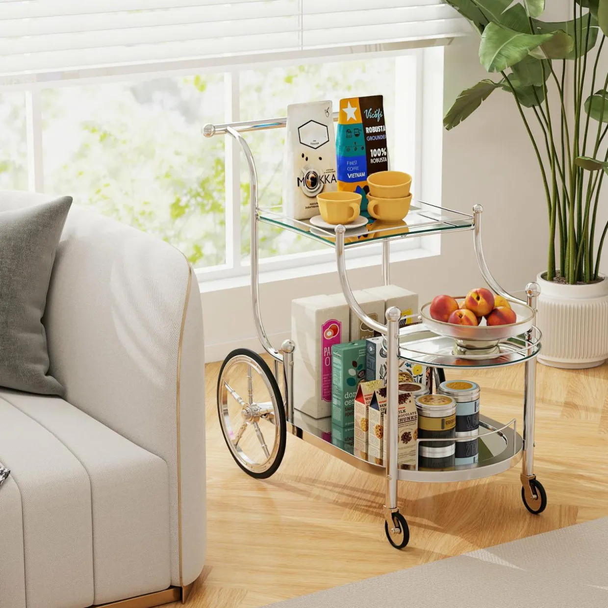 Tangkula Rolling Bar Cart, Metal Serving Cart with Tempered Glass, 3-Tier Glass Bar and Serving Cart