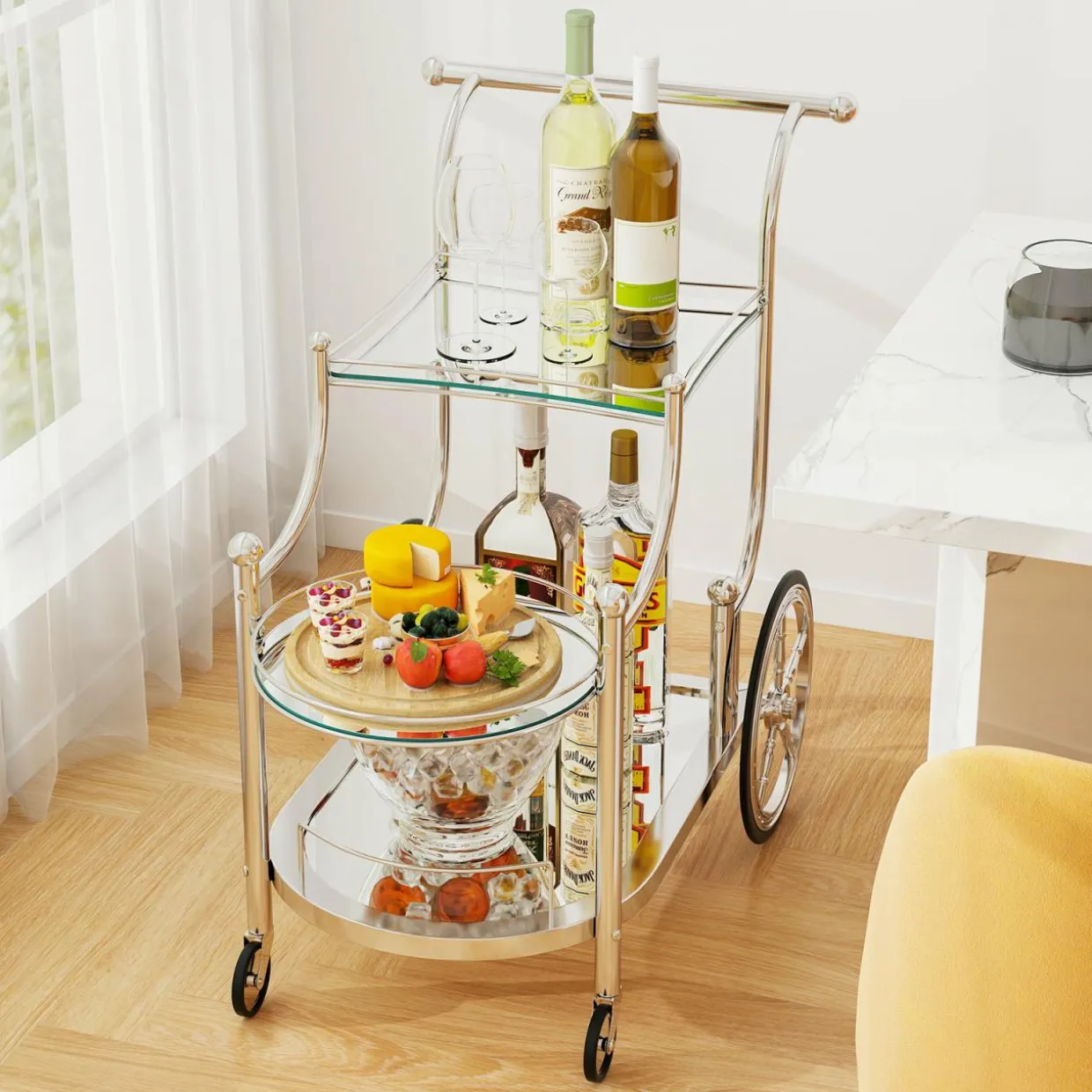 Tangkula Rolling Bar Cart, Metal Serving Cart with Tempered Glass, 3-Tier Glass Bar and Serving Cart