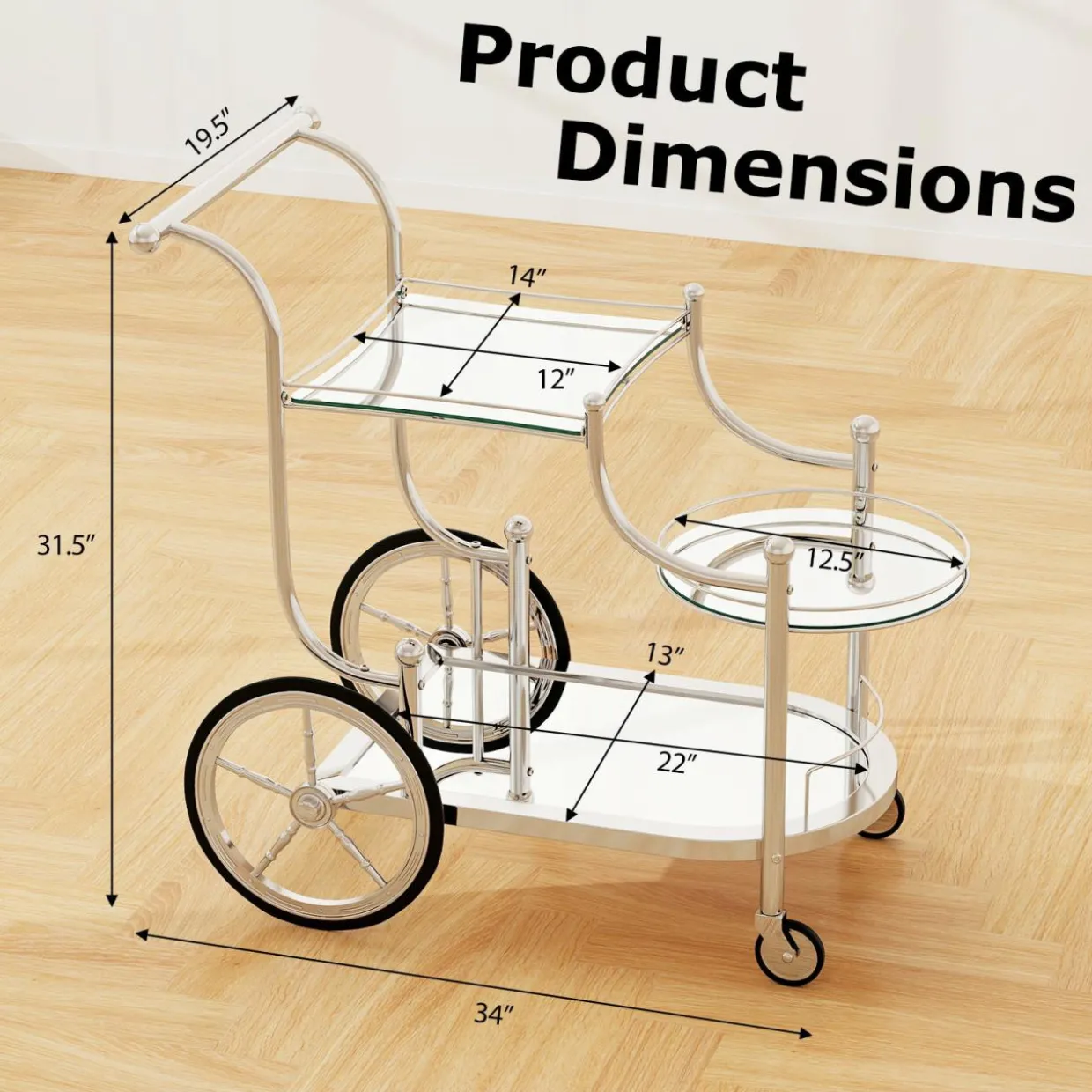 Tangkula Rolling Bar Cart, Metal Serving Cart with Tempered Glass, 3-Tier Glass Bar and Serving Cart