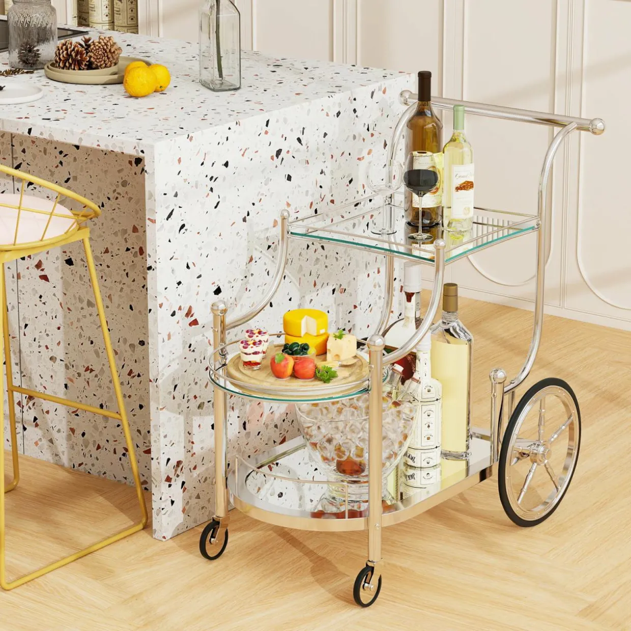 Tangkula Rolling Bar Cart, Metal Serving Cart with Tempered Glass, 3-Tier Glass Bar and Serving Cart