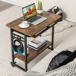 Tangkula Rolling Computer Desk Cart with Keyboard Tray, Mobile Portable Laptop PC Desk with CPU Stand & 3 Hooks for Sofa & Bed