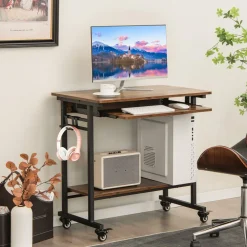 Tangkula Rolling Computer Desk Cart with Keyboard Tray, Mobile Portable Laptop PC Desk with CPU Stand & 3 Hooks for Sofa & Bed