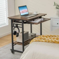 Tangkula Rolling Computer Desk Cart with Keyboard Tray, Mobile Portable Laptop PC Desk with CPU Stand & 3 Hooks for Sofa & Bed