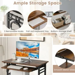 Tangkula Rolling Computer Desk Cart with Keyboard Tray, Mobile Portable Laptop PC Desk with CPU Stand & 3 Hooks for Sofa & Bed