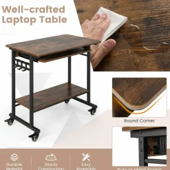 Tangkula Rolling Computer Desk Cart with Keyboard Tray, Mobile Portable Laptop PC Desk with CPU Stand & 3 Hooks for Sofa & Bed