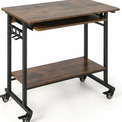 Tangkula Rolling Computer Desk Cart with Keyboard Tray, Mobile Portable Laptop PC Desk with CPU Stand & 3 Hooks for Sofa & Bed