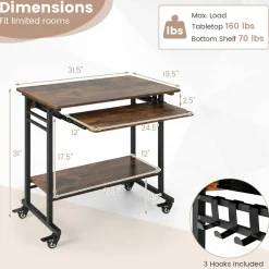 Tangkula Rolling Computer Desk Cart with Keyboard Tray, Mobile Portable Laptop PC Desk with CPU Stand & 3 Hooks for Sofa & Bed