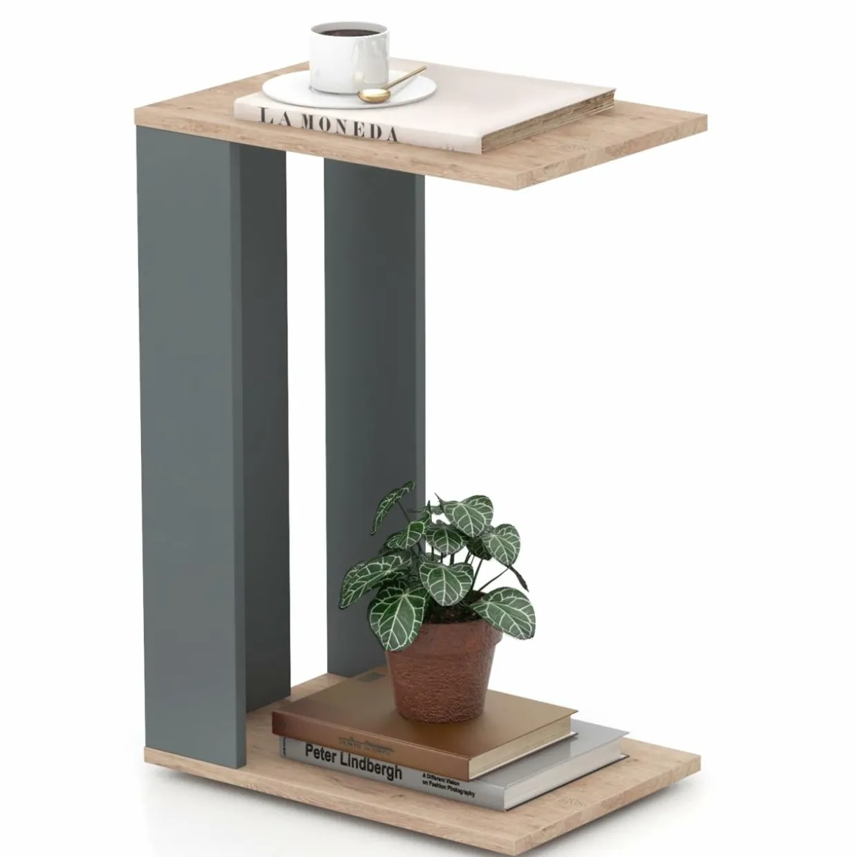 Tangkula Rolling C-shaped Sofa Side Table, Mobile Couch Table with Bottom Shelf & Removable 4 Universal Wheels