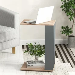 Tangkula Rolling C-shaped Sofa Side Table, Mobile Couch Table with Bottom Shelf & Removable 4 Universal Wheels