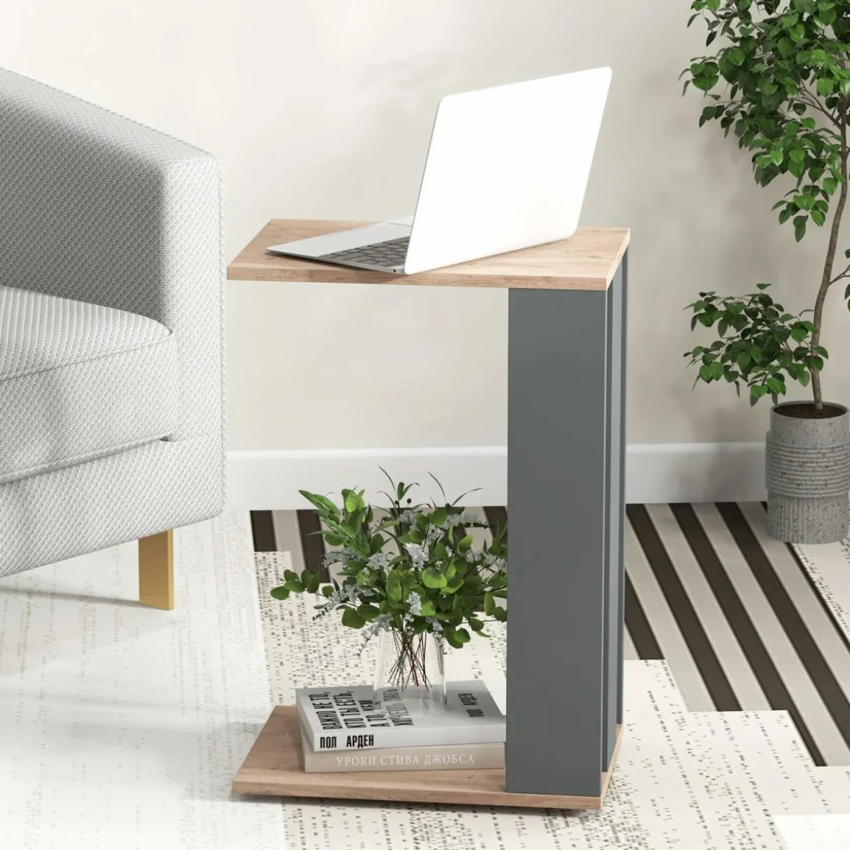 Tangkula Rolling C-shaped Sofa Side Table, Mobile Couch Table with Bottom Shelf & Removable 4 Universal Wheels