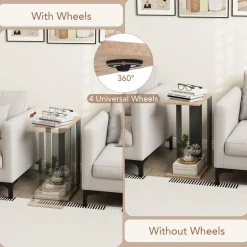Tangkula Rolling C-shaped Sofa Side Table, Mobile Couch Table with Bottom Shelf & Removable 4 Universal Wheels