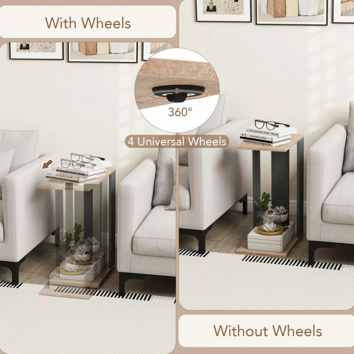 Tangkula Rolling C-shaped Sofa Side Table, Mobile Couch Table with Bottom Shelf & Removable 4 Universal Wheels