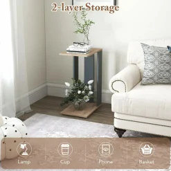 Tangkula Rolling C-shaped Sofa Side Table, Mobile Couch Table with Bottom Shelf & Removable 4 Universal Wheels