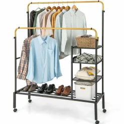 Tangkula Rolling Double Rods Garment Rack, Clothes Drying Rack with Height Adjustable Hanging Bars