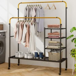 Tangkula Rolling Double Rods Garment Rack, Clothes Drying Rack with Height Adjustable Hanging Bars