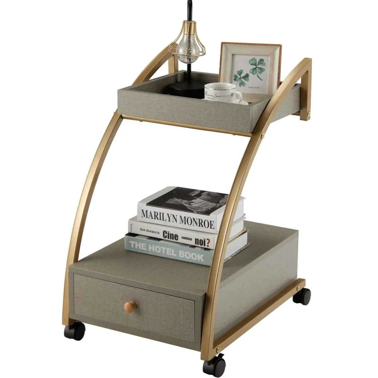 Tangkula Rolling End Table, 2-Tier Side Table w/Tray Top, Pull-Out Drawer & Lockable Casters