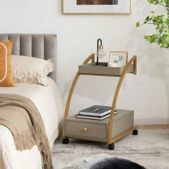 Tangkula Rolling End Table, 2-Tier Side Table w/Tray Top, Pull-Out Drawer & Lockable Casters