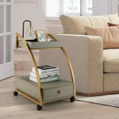 Tangkula Rolling End Table, 2-Tier Side Table w/Tray Top, Pull-Out Drawer & Lockable Casters
