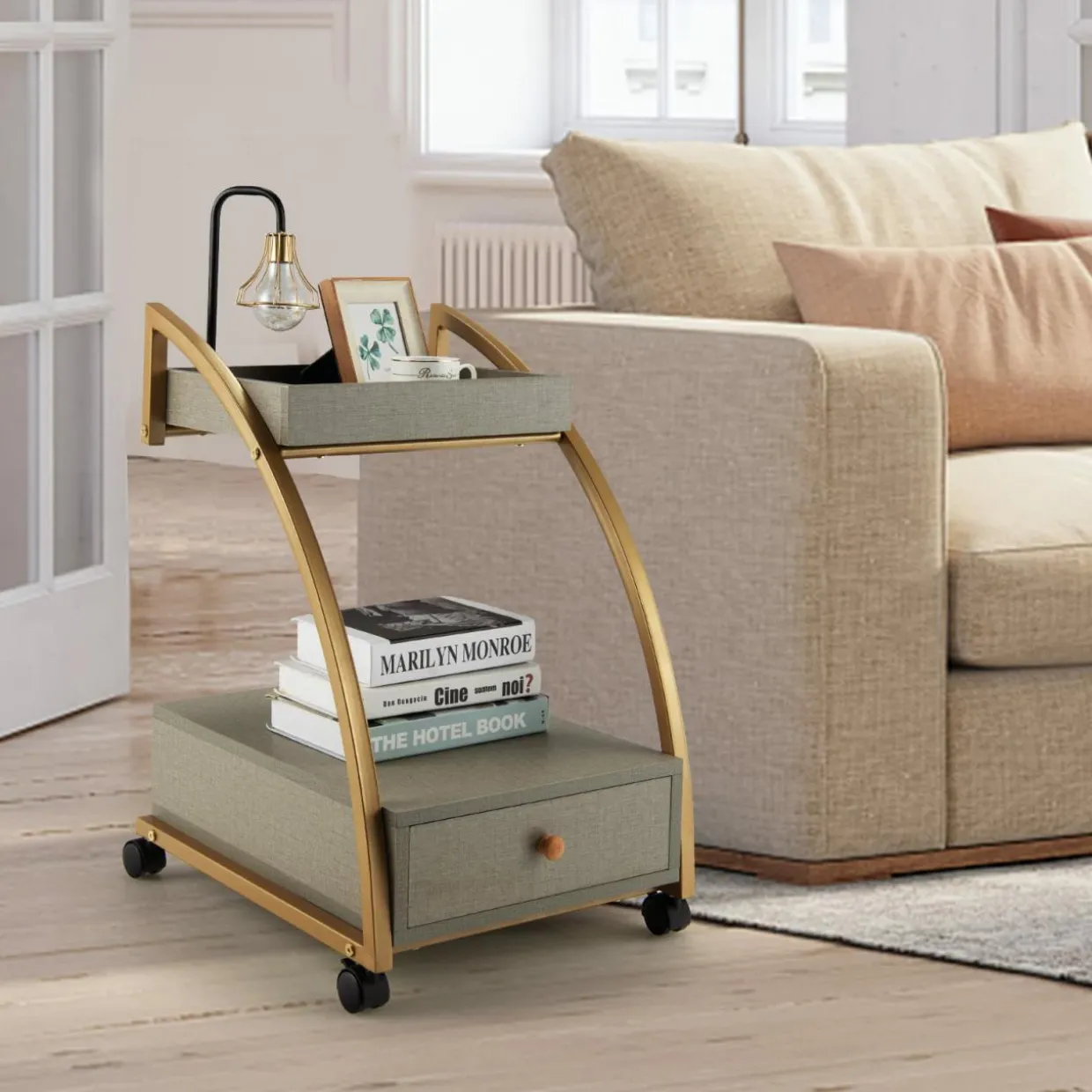 Tangkula Rolling End Table, 2-Tier Side Table w/Tray Top, Pull-Out Drawer & Lockable Casters