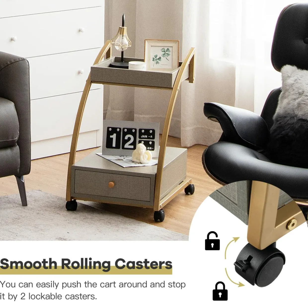 Tangkula Rolling End Table, 2-Tier Side Table w/Tray Top, Pull-Out Drawer & Lockable Casters