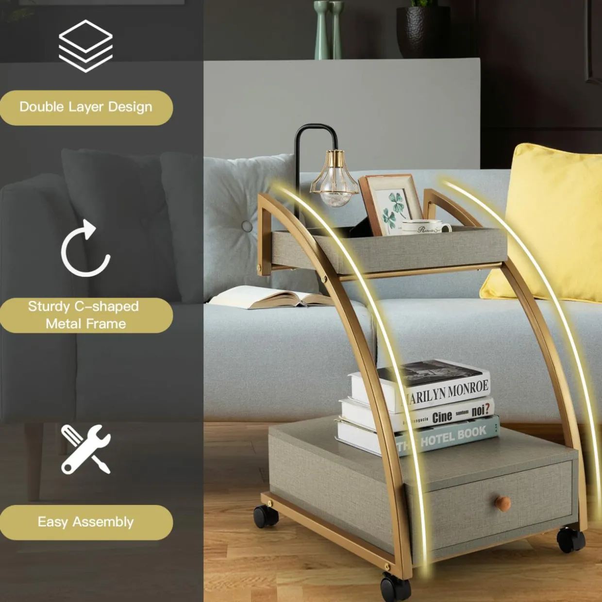 Tangkula Rolling End Table, 2-Tier Side Table w/Tray Top, Pull-Out Drawer & Lockable Casters