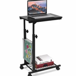 Tangkula Rolling Height Adjustable C Table, Mobile End Table with Detachable Wheels, Side Basket and Bottom Mesh Storage