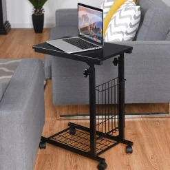Tangkula Rolling Height Adjustable C Table, Mobile End Table with Detachable Wheels, Side Basket and Bottom Mesh Storage