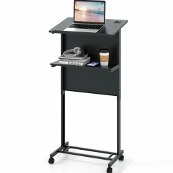 Tangkula Rolling Podium Stand, 3-Position Height Adjustable Lectern Table with Tilted Tabletop