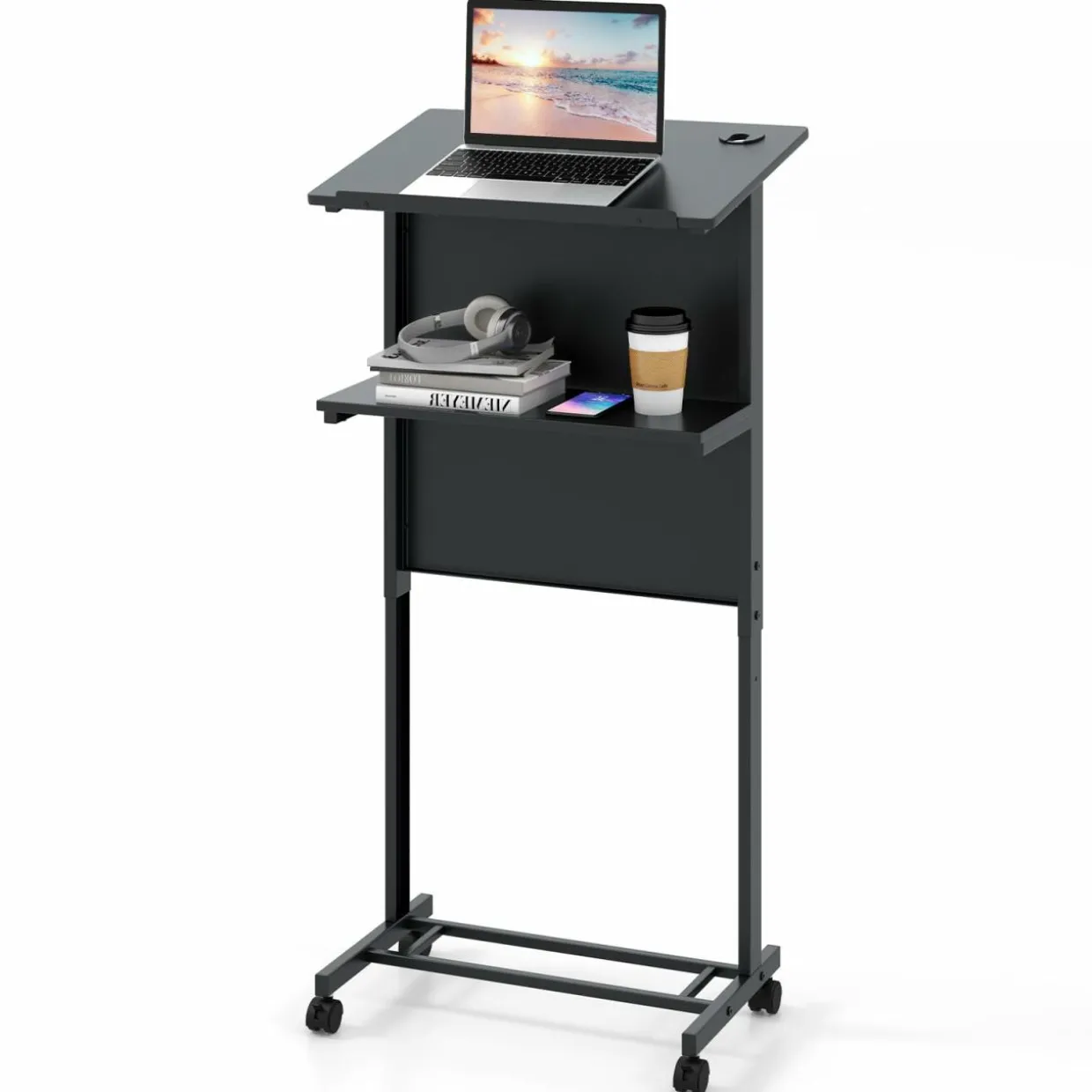 Tangkula Rolling Podium Stand, 3-Position Height Adjustable Lectern Table with Tilted Tabletop