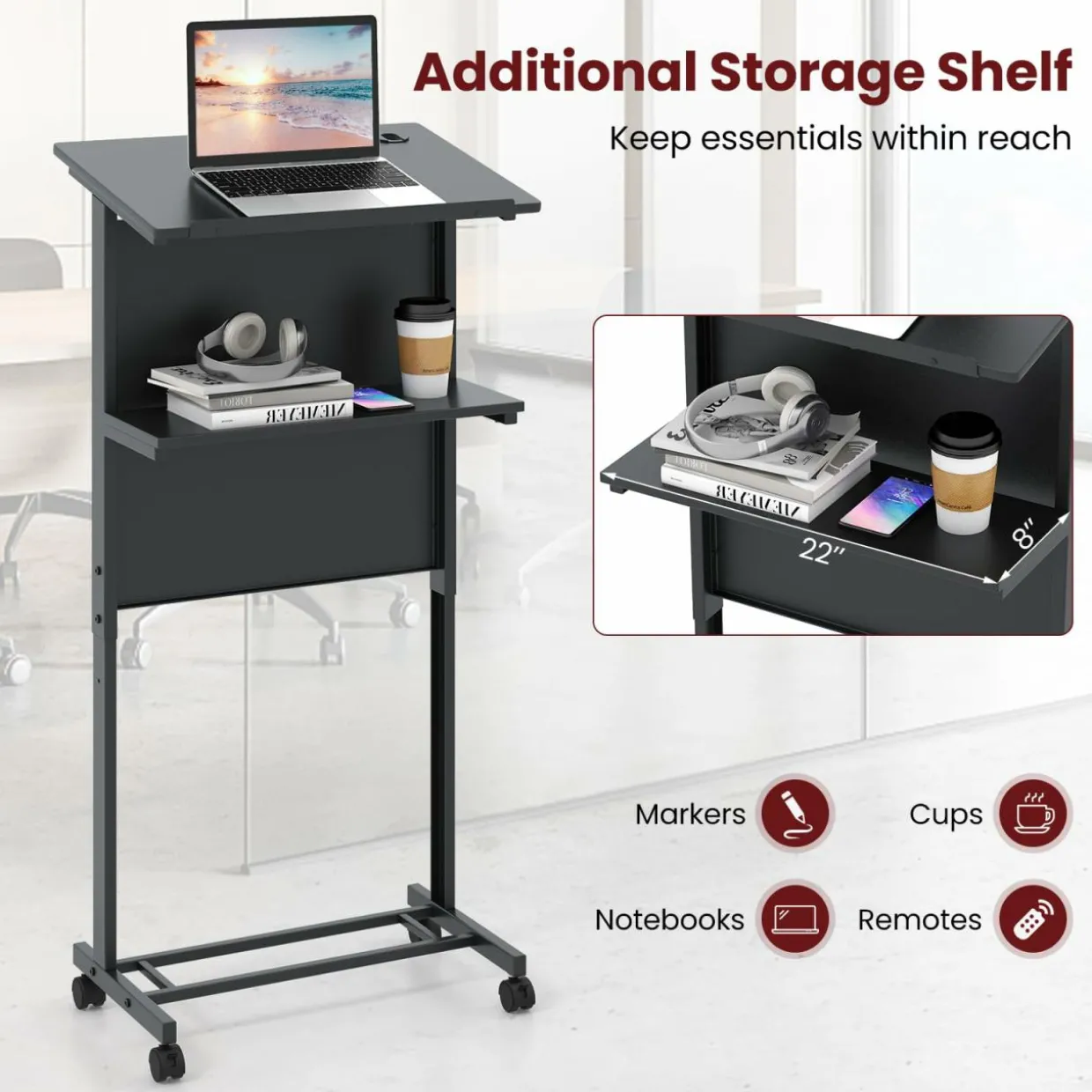Tangkula Rolling Podium Stand, 3-Position Height Adjustable Lectern Table with Tilted Tabletop