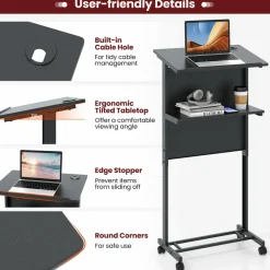 Tangkula Rolling Podium Stand, 3-Position Height Adjustable Lectern Table with Tilted Tabletop