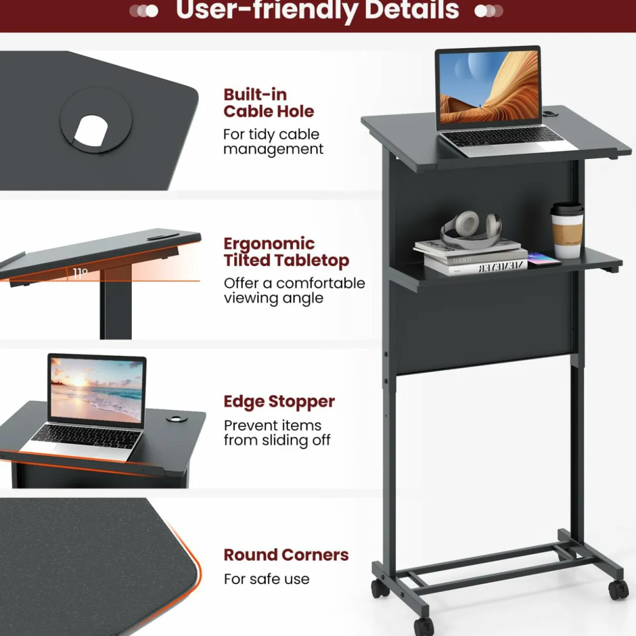 Tangkula Rolling Podium Stand, 3-Position Height Adjustable Lectern Table with Tilted Tabletop
