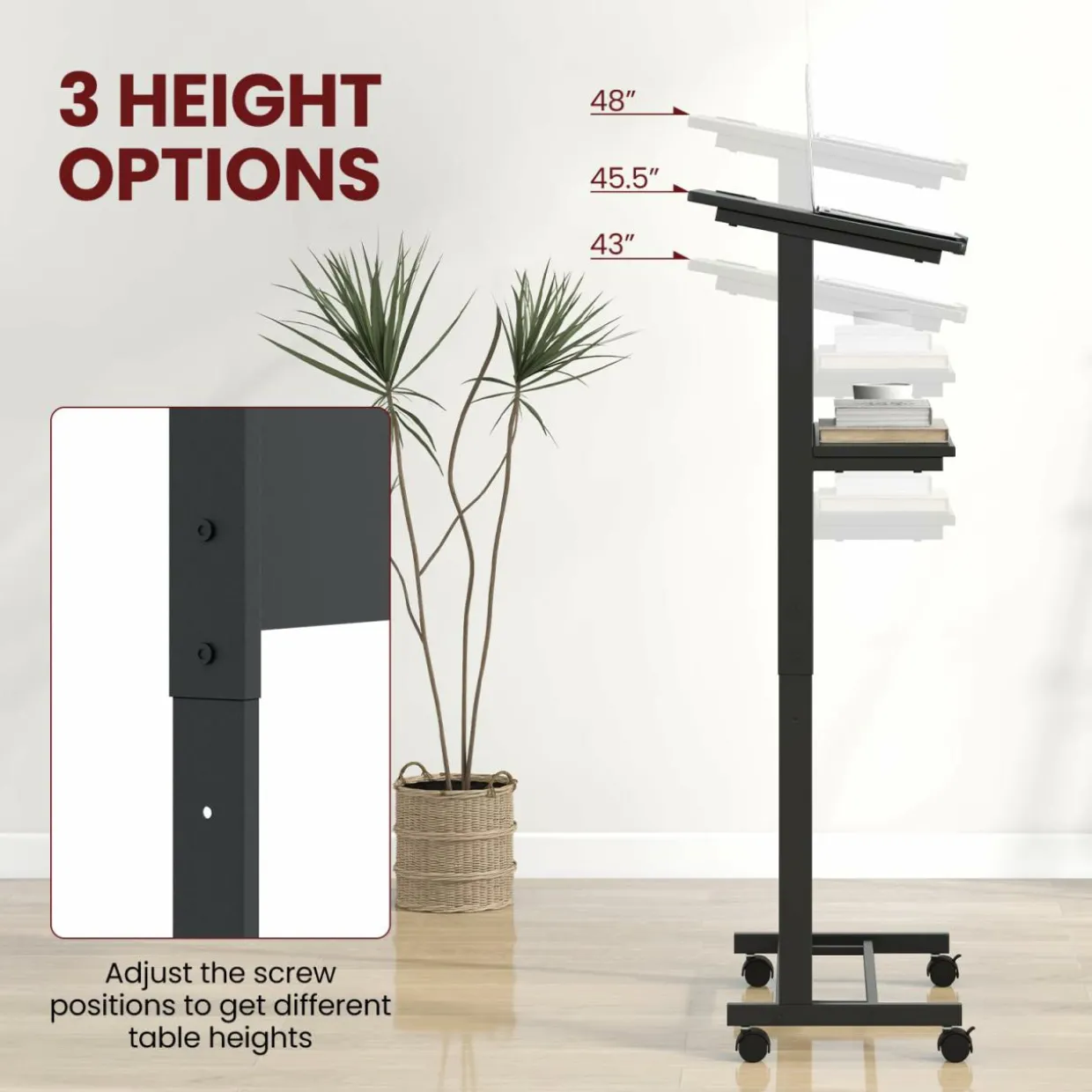 Tangkula Rolling Podium Stand, 3-Position Height Adjustable Lectern Table with Tilted Tabletop