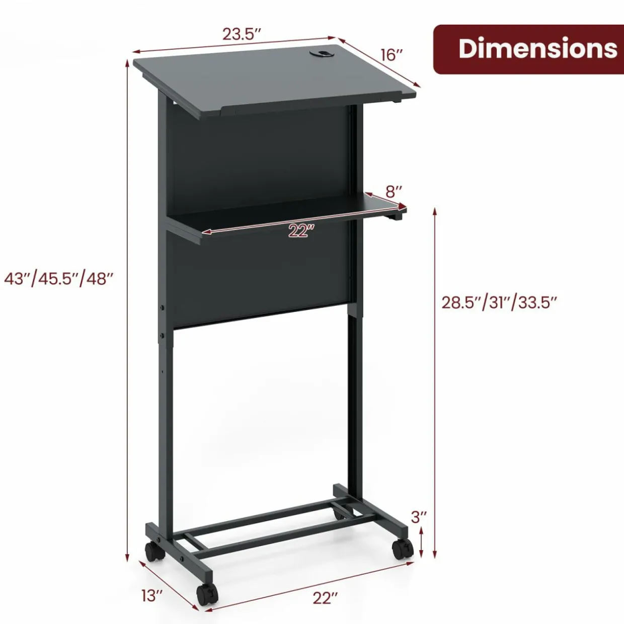 Tangkula Rolling Podium Stand, 3-Position Height Adjustable Lectern Table with Tilted Tabletop