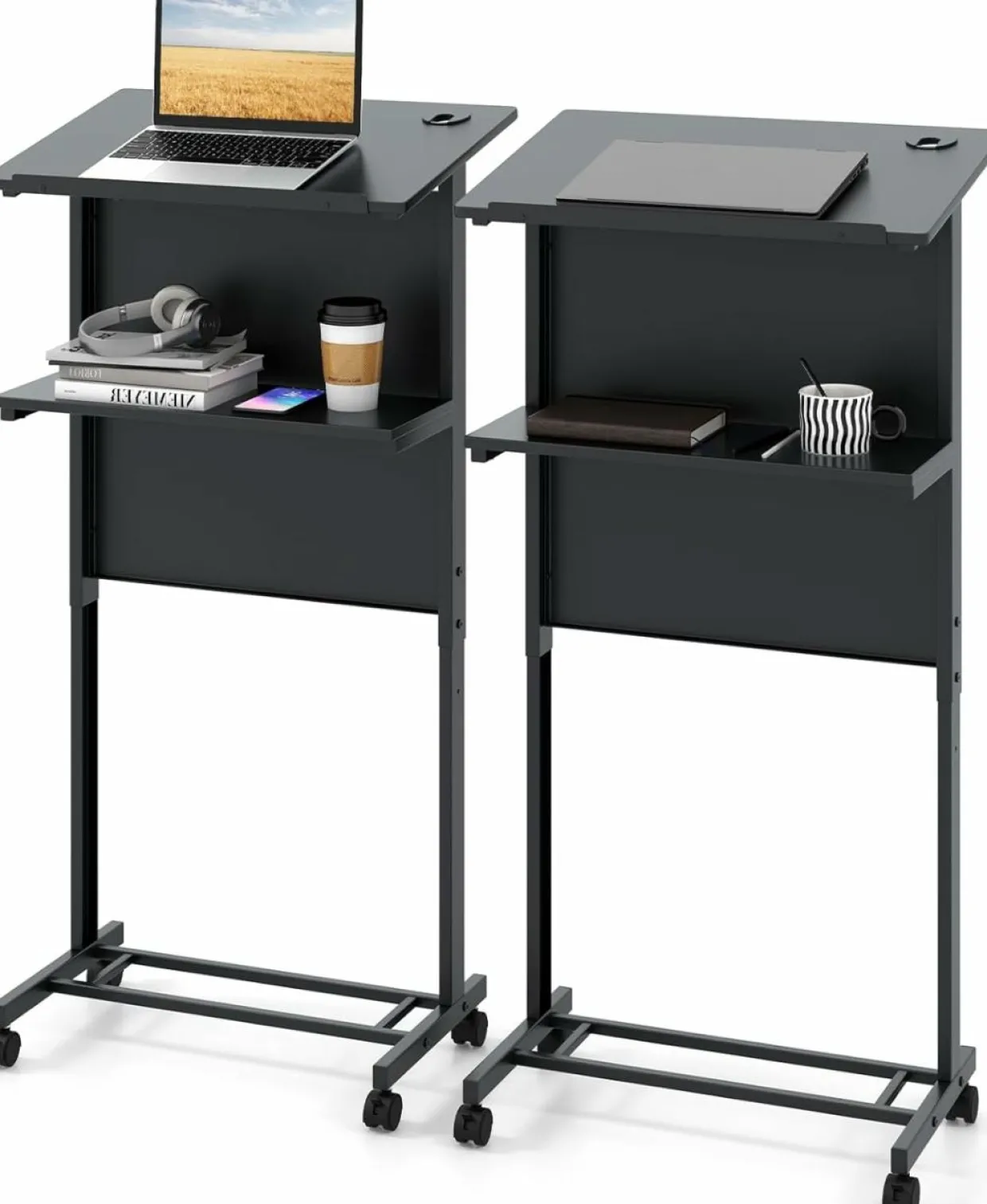 Tangkula Rolling Podium Stand, 3-Position Height Adjustable Lectern Table with Tilted Tabletop