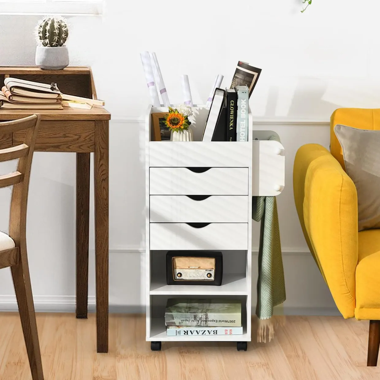 Tangkula Rolling Storage Drawer Cart, Wooden Utility Cart w/ 3 Drawers