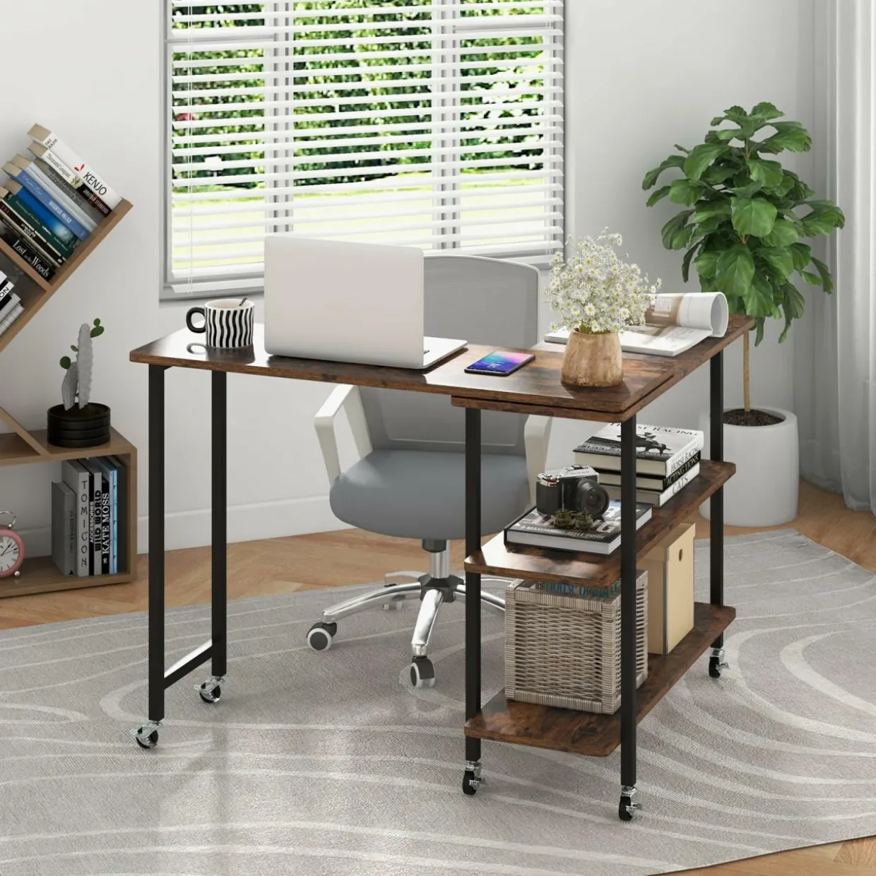 Tangkula 360°Rotating Sofa Side Table, Mobile End Table with 2-Tier Storage Shelves