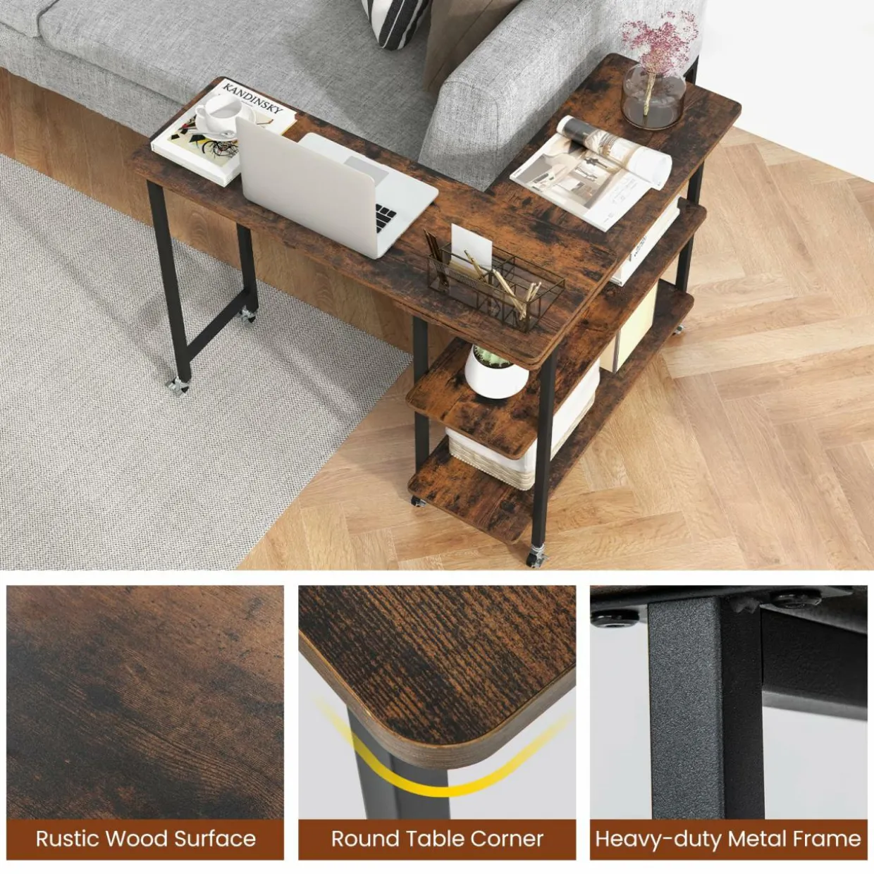 Tangkula 360°Rotating Sofa Side Table, Mobile End Table with 2-Tier Storage Shelves